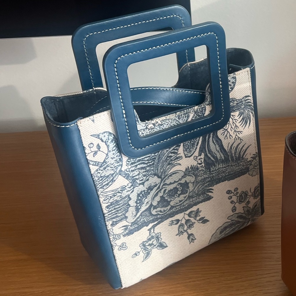 STAUD Mini Shirley in Blue Leather with White Floral Canvas